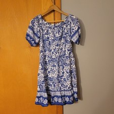 LOFT Size S  Paisley Ruffle Off The Shoulder Dress Cobalt Blue White Linen Blend