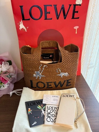 LOEWE x Suna Fujita Font Tote Small Bag Raffia 2way Handbag Shoulder Bag Auth