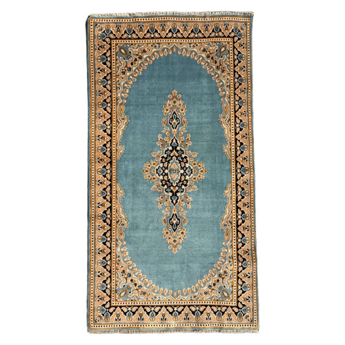 CLEAN VINTAGE KESHAN RUG HAND MADE EASTERN BLUE WOOL CARPET CLEAN 6'9" x 3'9"