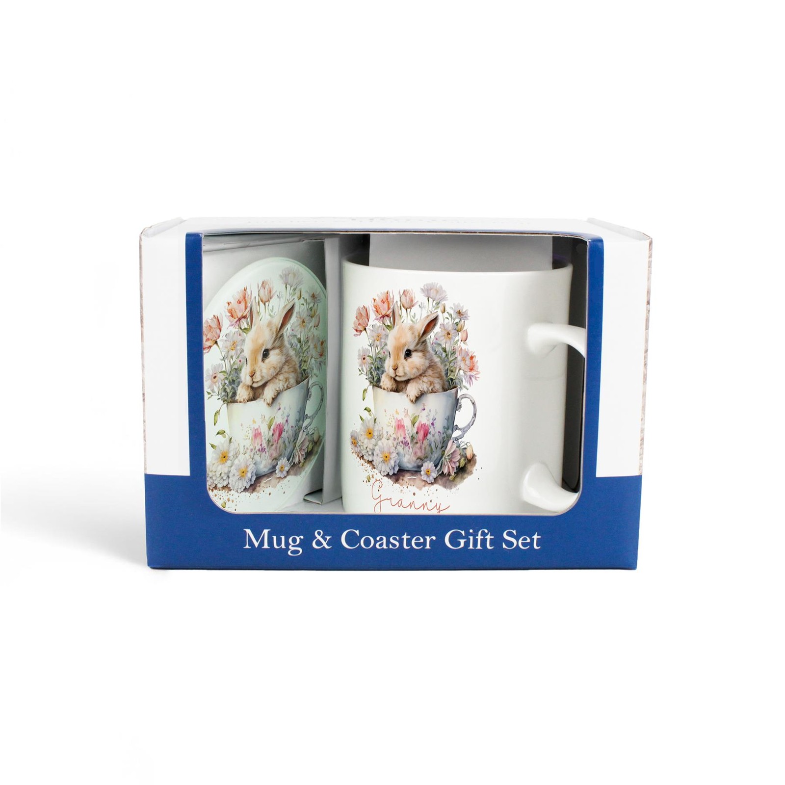 Teacup Bunny Granny Mug & Coaster Gift Set - Floral Bone China Cup Present