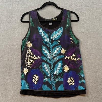 Desigual Y2K 00s Boho Sheer Embroidered Tank Top Womens M Black Floral Retro Vtg