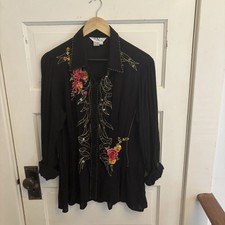 100 silk black Floral Embroidered Peplum Tunic Roll Tab Sleeves Size M