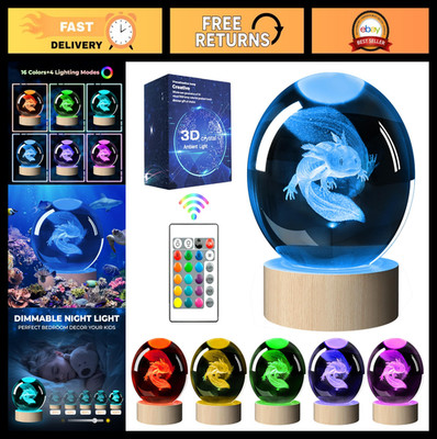 3D Axolotl Crystal Ball Night Light - 16 Color LED, Remote Control, Wooden Base