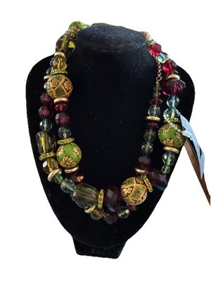 NWT Pilgrim Danish Design Chunky Glass Bead Gold ToneNecklace Red, Green & Blue 