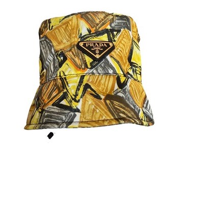 Prada Graphic Print Nylon Bucket Hat Black Gold Triangle Logo 1HC137 Size SM