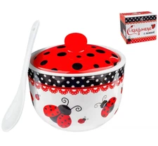 STPGoods Ladybug Ceramic Jar with Spoon Lidded Sugar Bowl 15 oz Canister Red