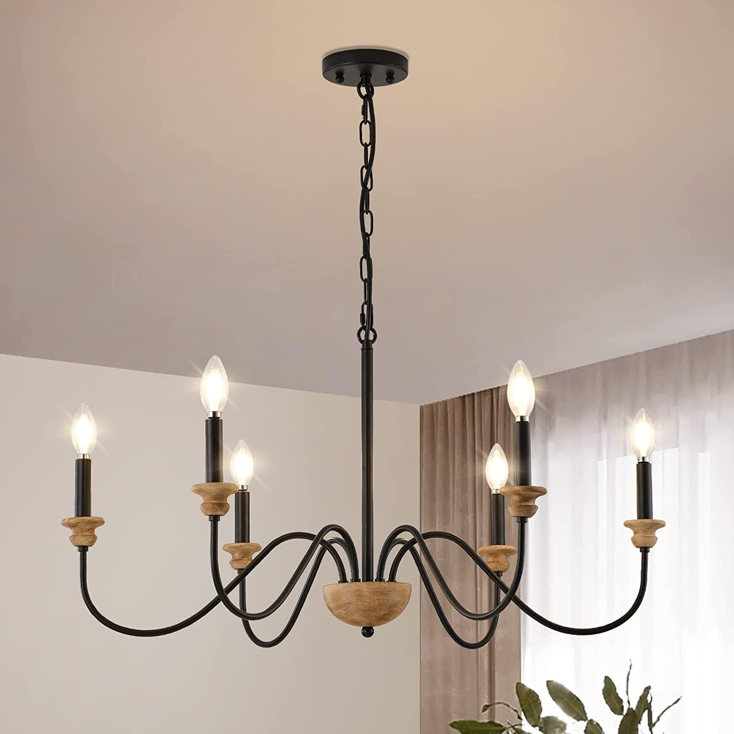 6-Light Wood Chandelier for Dining Room, Black Farmhouse Chandelier, Modern Ligh