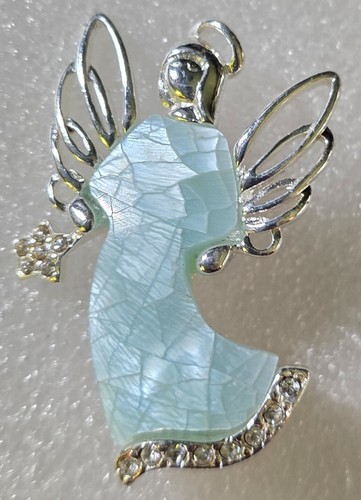 Vintage Brosche Strass blau Perlmutt Engel im Flug Urlaub