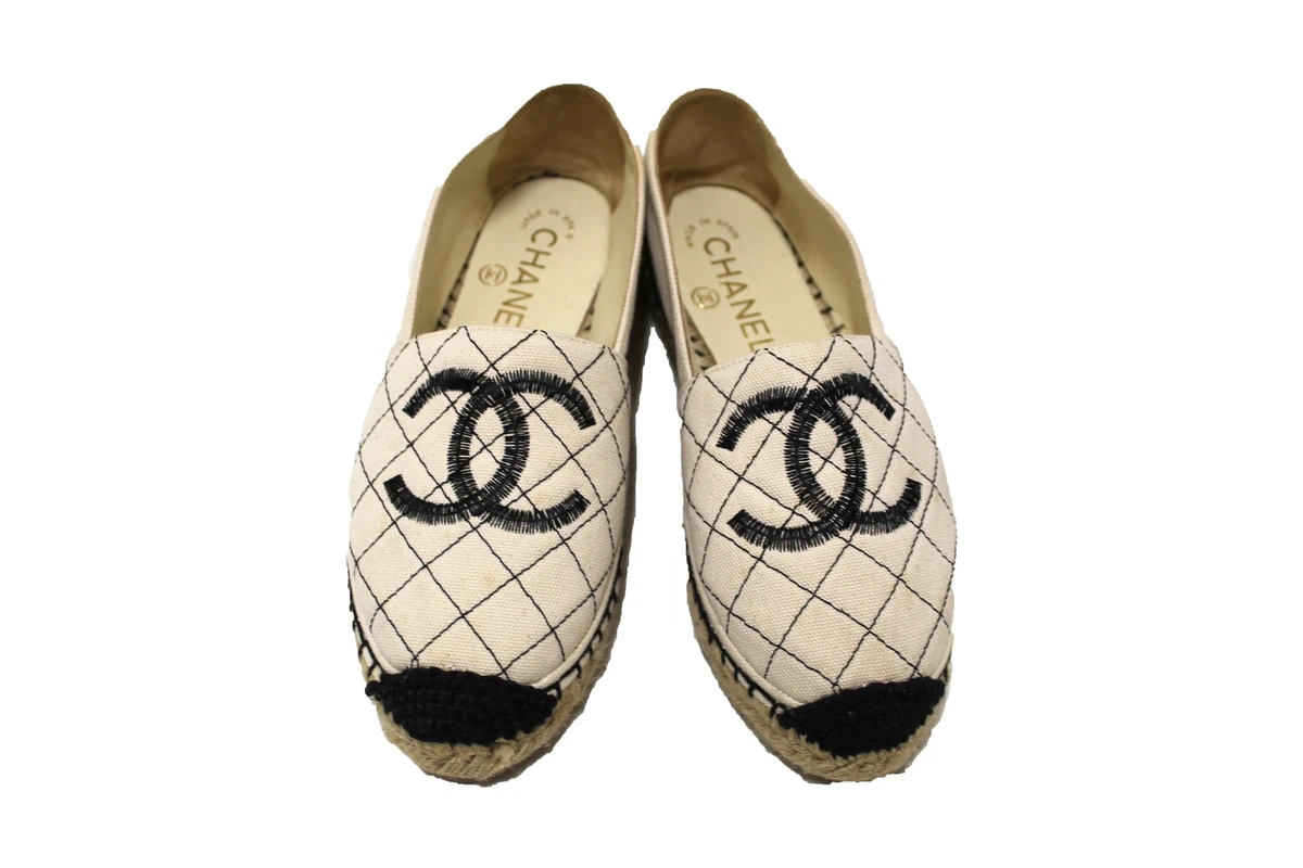 USED Chanel Beige/Black Canvas Stitched Espadrilles Shoes Size 35 AUTHENTIC