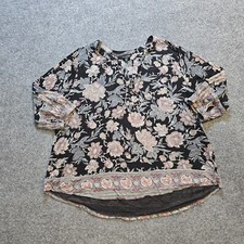Lucky Brand Top Women Size 1X Black Peasant Floral V Neck 3/4 Sleeve Casual Boho