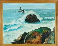 Beau Tableau ancien marine bord de mer vague la pointe du raz A. Vidal Bretagne