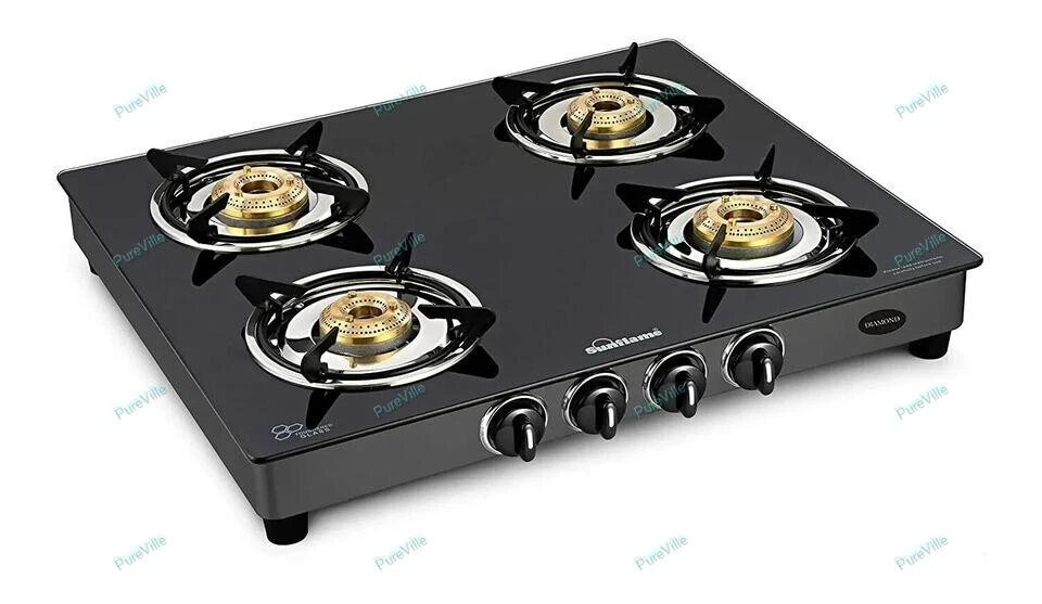 Sunflame Diamond Top 4 Burner Gas Stove BK Glass Iron Black Color Best Gift