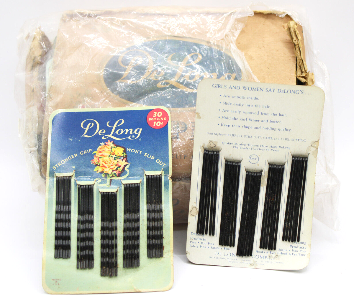Vintage Box of DeLong Bob Pins on Cards - Copyright 1941 | eBay