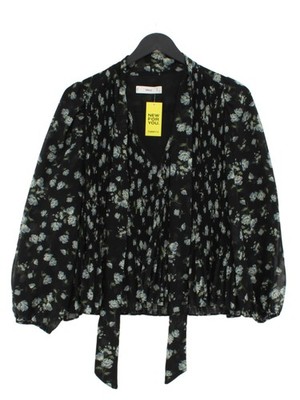 MNG Damen Top UK 6 schwarz geblümt 100% Polyester Langarm V-Ausschnitt Basic