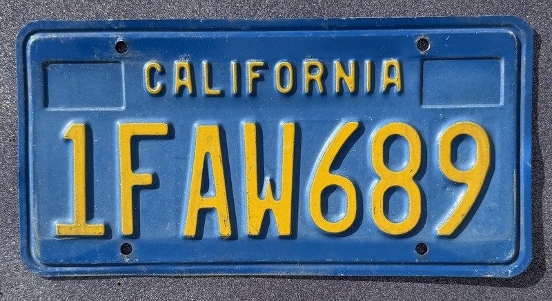 Vintage CA License Plate California Lic Blue Yellow 1FAW689
