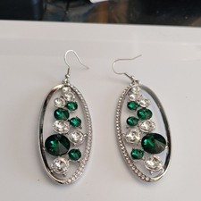 Silver Oval Drop Earrings with Emerald Green and Clear Stones