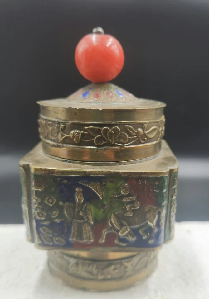 Antique Enameled Brass Chinese Tea or Tobacco Caddy, or Trinket Box  - Image 3 of 4