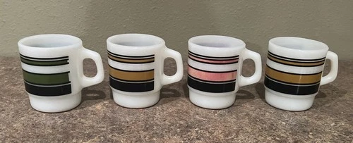 (4) Vtg. Anchor Hocking Fire-King Super Stripe Stackable Coffee Mugs