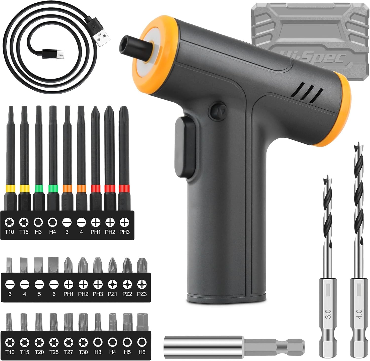USB Power Screwdriver & Screw Bit Set with Bit Handle in a Tool Box Hi-Spec 4V