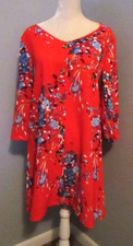Red w/Multicolor Floral Knee Length 3/4 Sleeve Button Front Shift Dress - Size M
