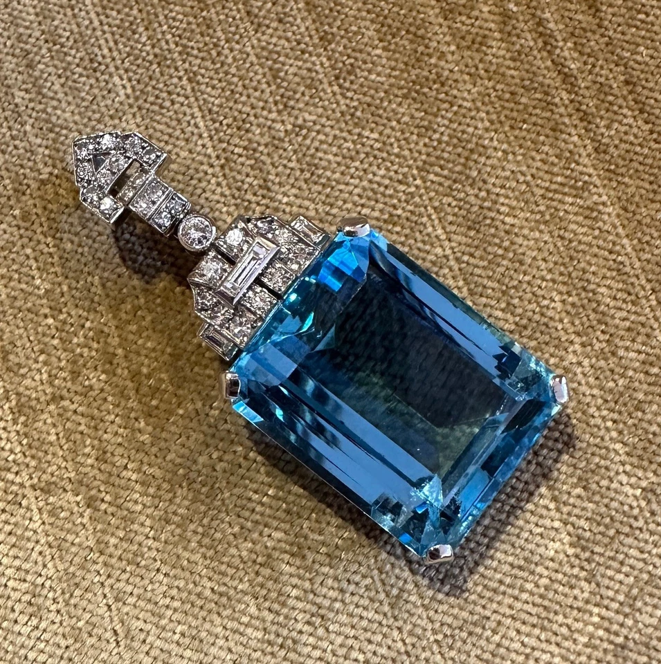 GIA 45 ct Aquamarine Santa Maria Blue & Diamond Art Deco Brooch Platinum -C200A