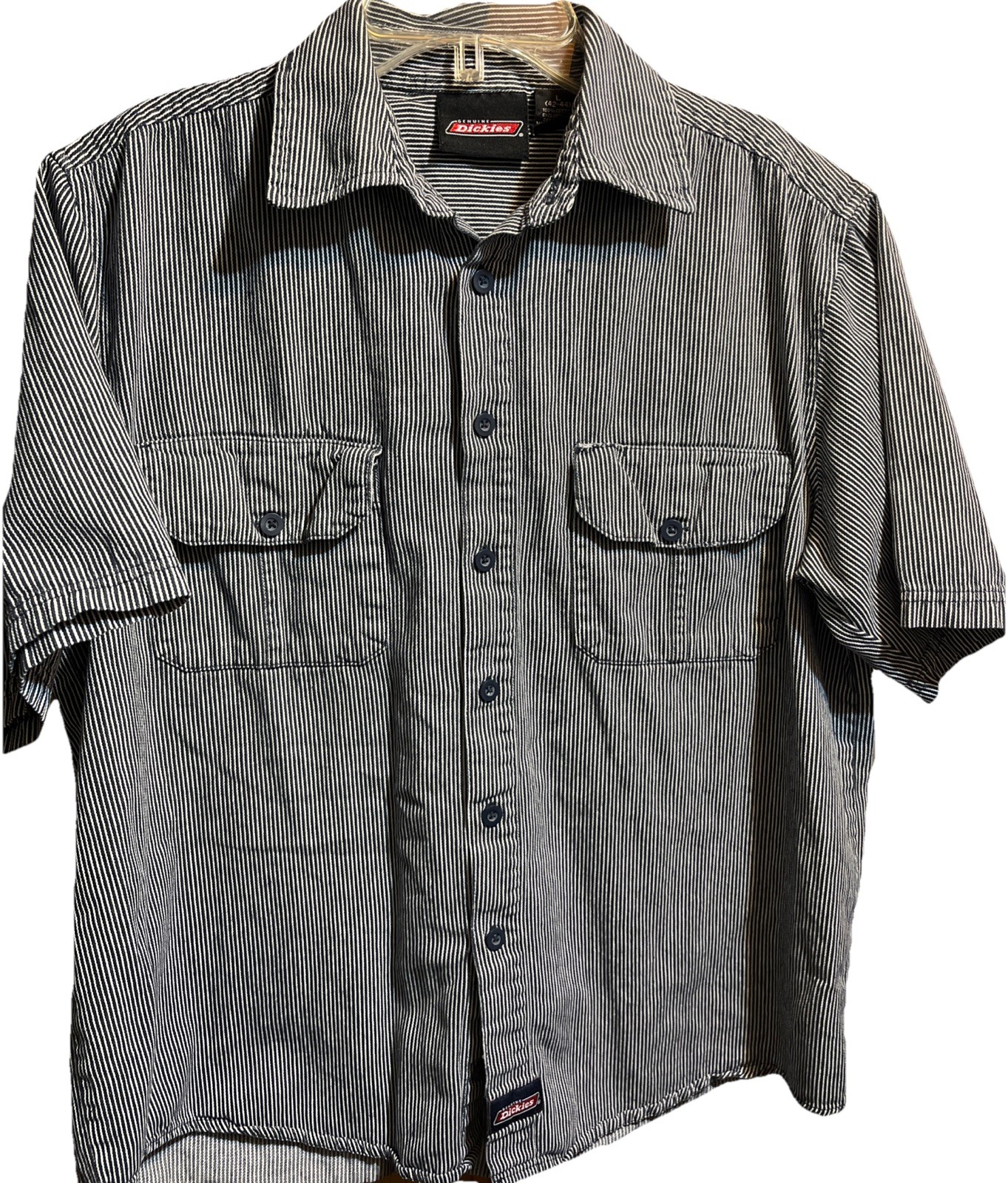 Vintage Dickies WORK Shirt Button Down Cotton Navy Striped Men’s Large 42-44