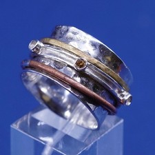 sz 8, vtg triple Tone sterling silver hammered band, 925 spinner ring