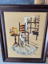 VTG Sunset Stitchery Cozy Home Needlework Kitty Cat n Window Grannycore Framed