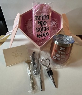 Wine Theme Tumbler Heart Shaped Gift Set Niece Box Pink Opener Stopper Socks