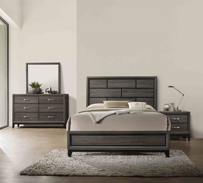 Panel HB Full size 4pc Bed Dresser Mirror Nightstand Set Gray Finish Wooden  Legs | eBay