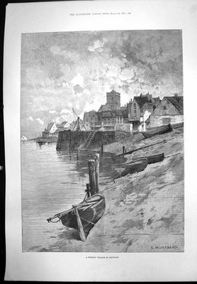 Alter antiker Druck Fischerdorf Bretagne G Montbard Kirche Hafen 1895 19.