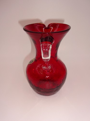 Vintage Kanawha Red Hand Crafted Glassware Crackle Glass Pitcher 5" Clear Handle - Picture 2 of 7