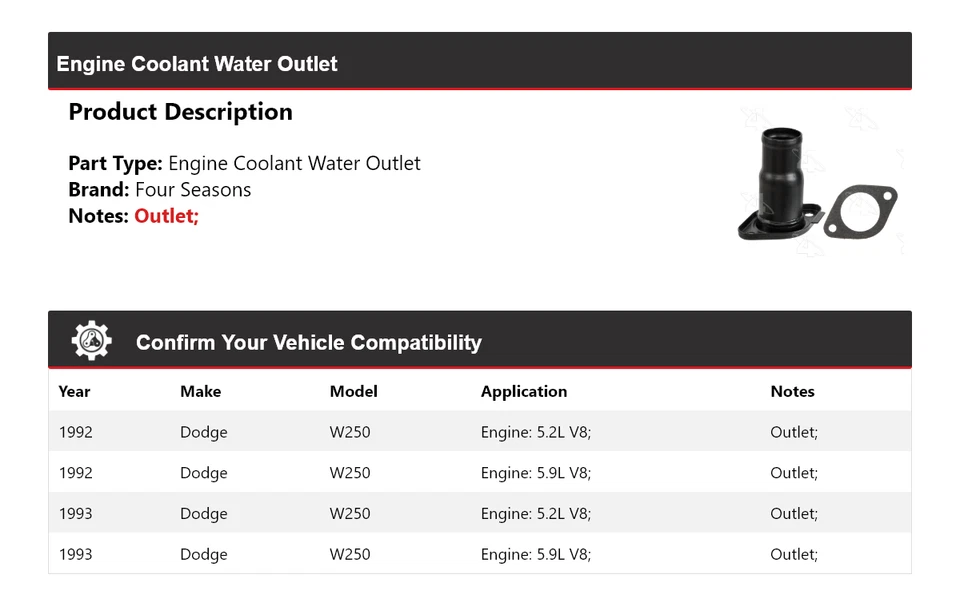 Salida de agua de refrigerante para motor Dodge W250 1992-1993 4 estaciones Foto 2 de 4