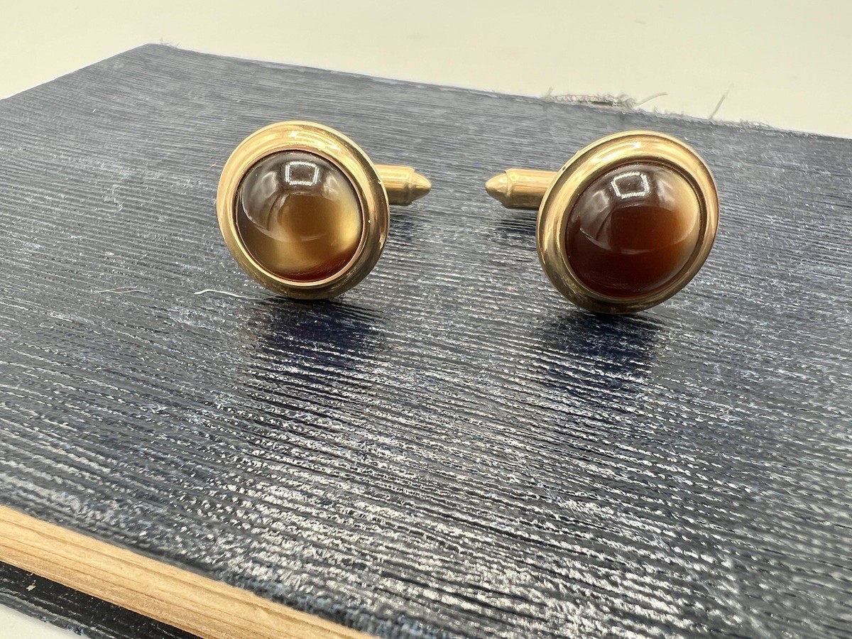 Vintage Simple Gold Tone KREMENTZ Signed Cufflinks Amber Glass Center