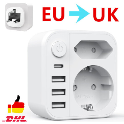 6in1 Reiseadapter DE auf UK GB England 3pin Steckdose Reisestecker Adapter Strom