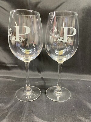 Set of 2 ~ Chef & Sommelier Monogrammed ''P'' Tulip Wine Glasses ~ 8 3/4'' Tall