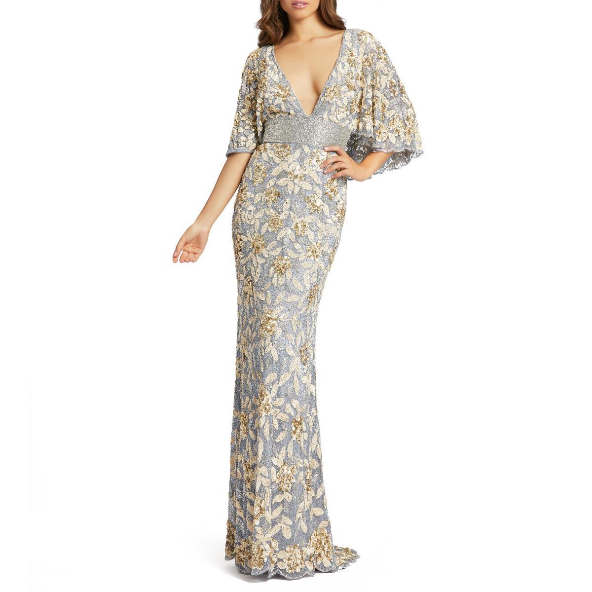 Женское серое вечернее платье-накидка Mac Duggal с украшением в виде накидки 2 BHFO 2819
