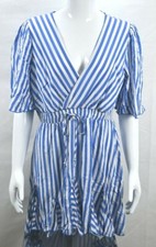Ecowish Blue & White Stipe Cross Front V-Neck Elastic Waist Short Dress Size L