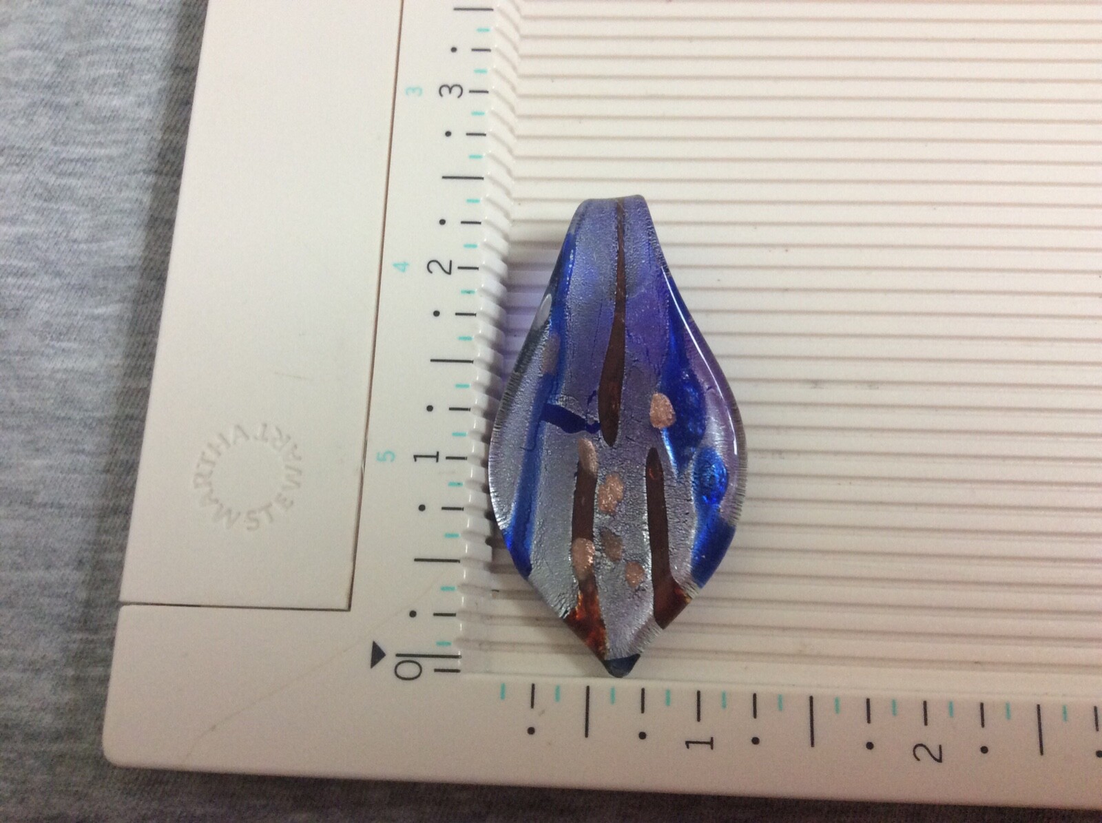 Murano Style Hand Blown Cobalt Blue w/Silver & Red Glass Leaf Pendant