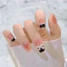 New - 3D Rhinestones Nails Full Cover Stick 24 pcs. ( Short Pink Black Tip) US