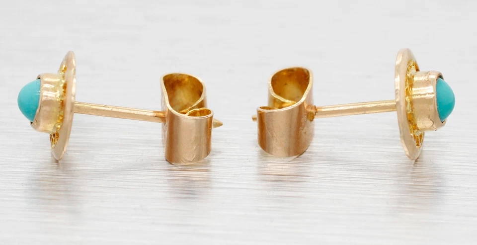 Vintage Turquoise Filigree Circle Stud Earrings - Solid 18k Yellow Gold - Image 3 of 4