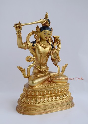 Estatua de 9,75" Manjushri tallada a mano cobre dorado acabado antiguo Patan Nepal - Imagen 2 de 4