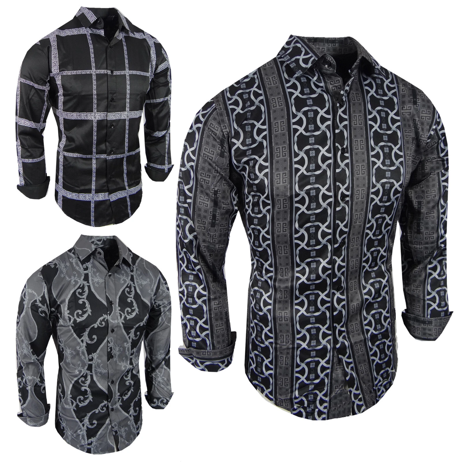 Designer Italian Mens Shirt Floral Luxury Stripe Prints Stretch Slim Fit Button