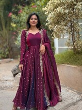 New Stylish Wine Heavy Fandy Silk Gown Bottom With Dupatta For Function Wear