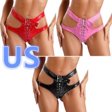 Women's Patent Leather Briefs Cutout Lace-up Booty Shorts Lingerie Rave Thong