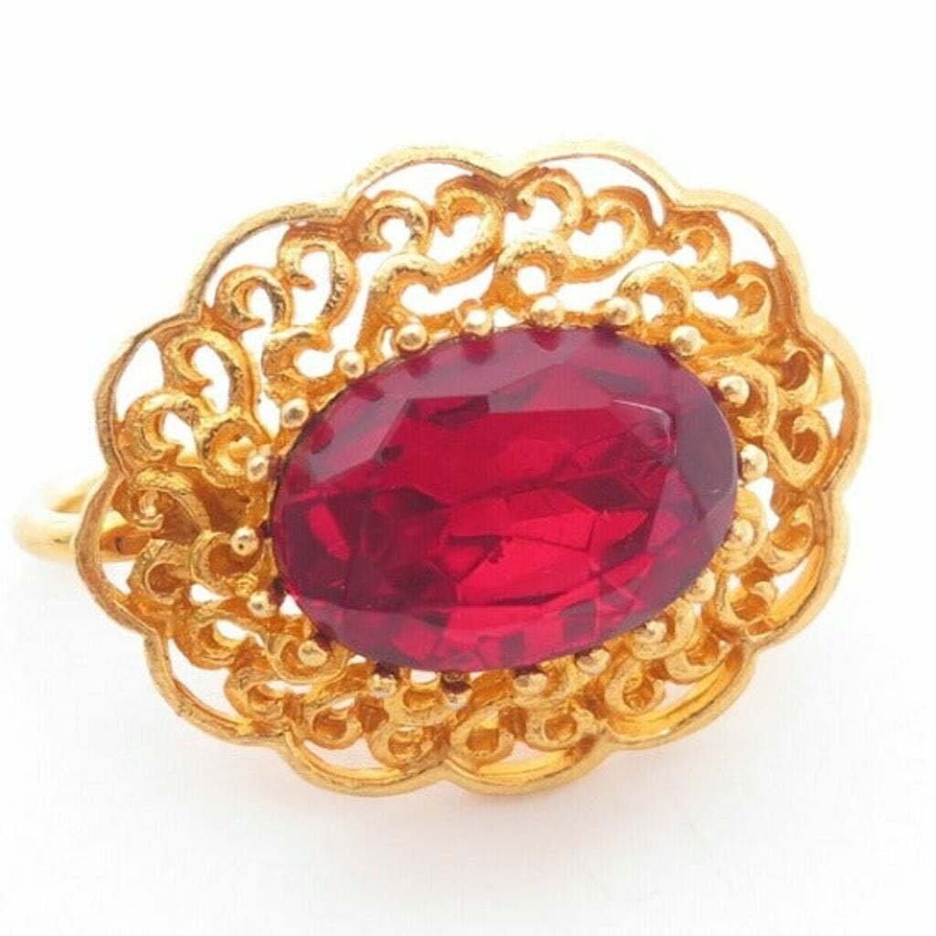 VINTAGE RUBY RED RHINESTONE GOLD PLATED FILIGREE BELT BUCKLE  display picture 2