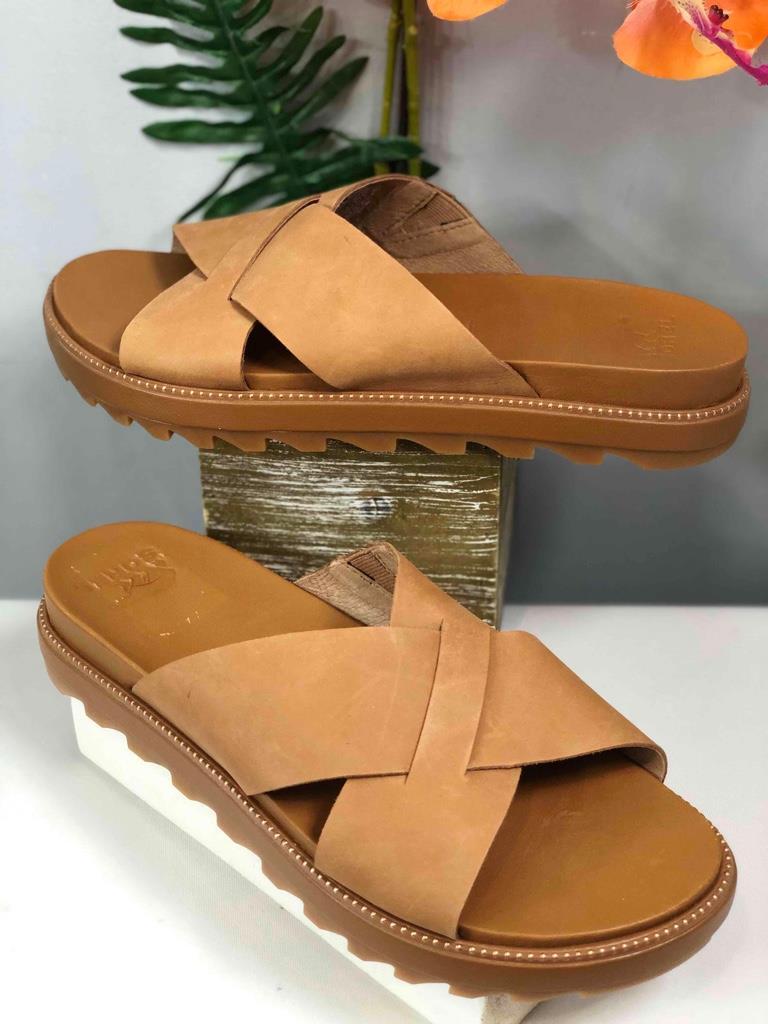SOREL Women's Roaming Brown Tan Leather Crisscross Slide Sandals Sz