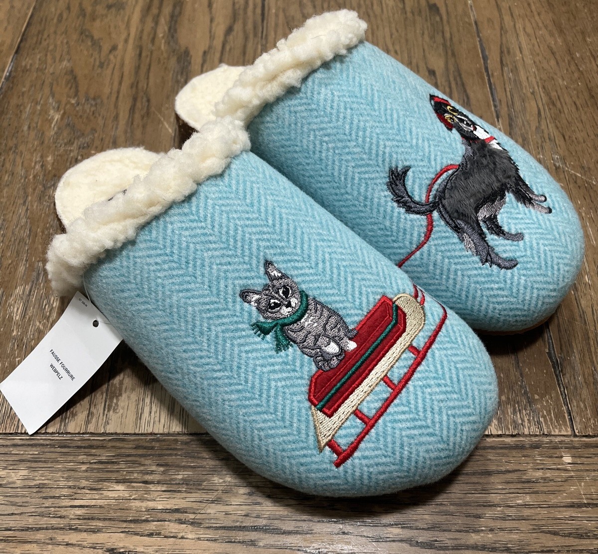 Lands End Women’s Sherpa Lined Slippers Mules Blue with Dog and Cat Sz  New Tag