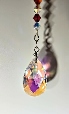 Crystal sun catcher prism 28mm AB with chakra Swarovski beads and silver clasp 