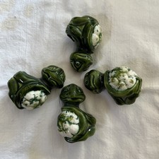 4 Vintage 1970s Green Speckled Turtle Ceramic Macrame Craft Beads Drip Glaze